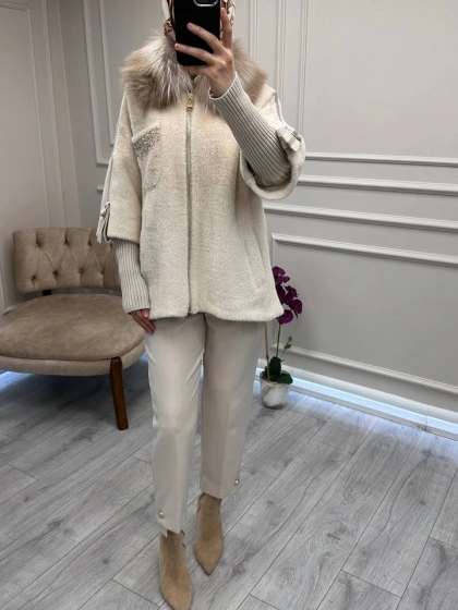 Etrucci 7210 Açık Bej Kürklü Angora Kısa Kaban
