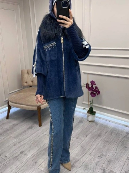 Etrucci 7210 Lacivert Kürklü Angora Kısa Kaban