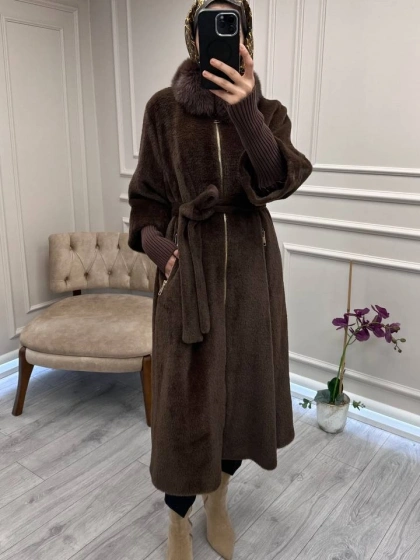 Etrucci 7211 Kahve Fermuar Triko ve Kürk Detaylı Angora Kaban