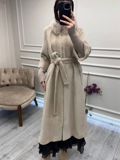 Etrucci 7211 Koyu Bej Fermuar Triko ve Kürk Detaylı Angora Kaban