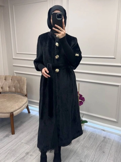 Etrucci 7274 Siyah Hakim Yaka Triko Ve Düğme Detaylı Kaban