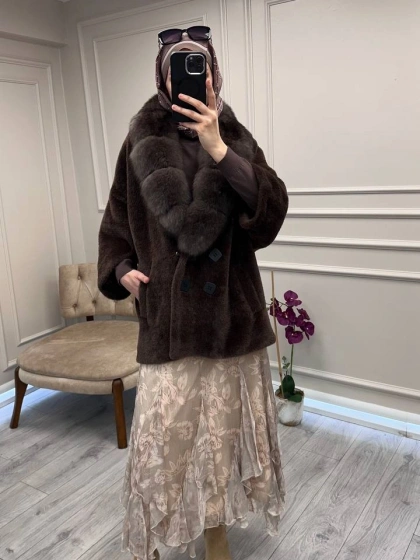 Etrucci 7293 Kahve Kürk ve Düğme Detaylı Angora Kaban