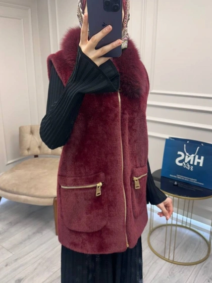 Etrucci 9022 Bordo Kürk Yakalı Angora Yelek