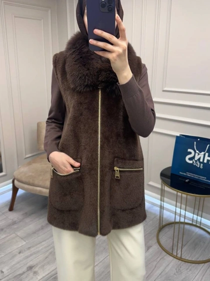 Etrucci 9022 Kahve Kürk Yakalı Angora Yelek