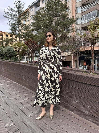 Exquise E26Y06218685 Kahverengi-Krem Eirene Elbise