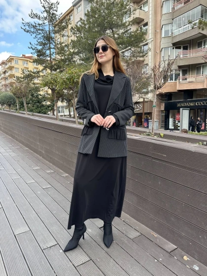 Ghisa 25YGSCKT3080 Siyah Çizgili Ceket