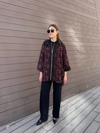 Ghisa 25YGSCKT3126 Bordo Siyah Leopar Desenli Ceket