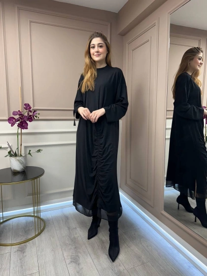 Ghisa 25YGSELB4855 Siyah Büzgü Detaylı Elbise