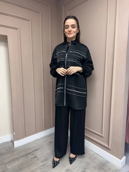 Ghisa 25YGSTKM4842 Siyah Taş Detaylı İkili Takım