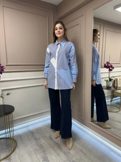 Ghisa 25YGSTNK4513 Koyu Mavi Bloklu Çizgili Tunik