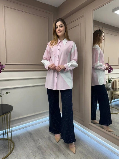 Ghisa 25YGSTNK4513 Pembe Bloklu Çizgili Tunik