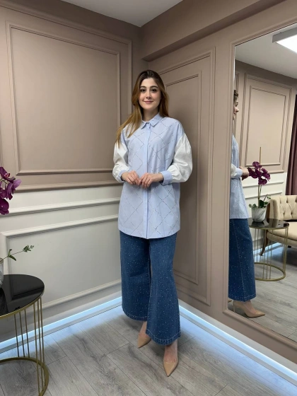 Ghisa 25YGSTNK4617 Mavi Taş Detaylı Çizgili Tunik