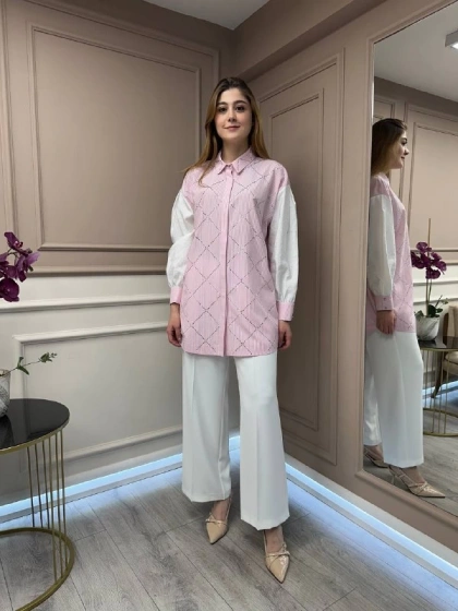 Ghisa 25YGSTNK4617 Pembe Taş Detaylı Çizgili Tunik