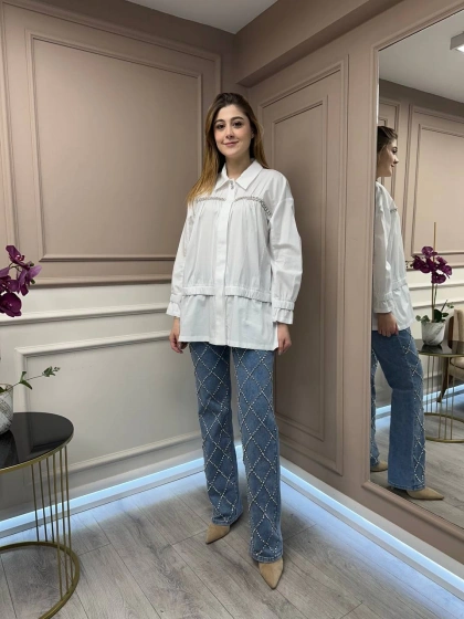 Ghisa 25YGSTNK4864 Beyaz Taşlı Tunik