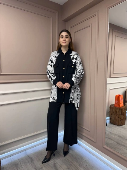 Ghisa 25YÖRTNK4980 Siyah Ekru Detaylı Hırka