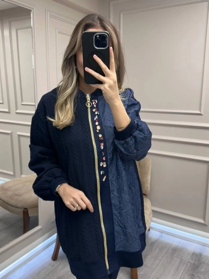 Ghisa 26KGSCKT3283 Lacivert Boncuk Detaylı Fermuarlı Ceket