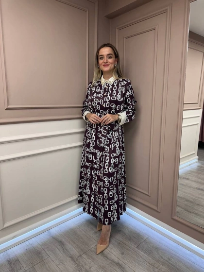 Ghisa 26KGSELB4925 Bordo Zincir Desenli Elbise