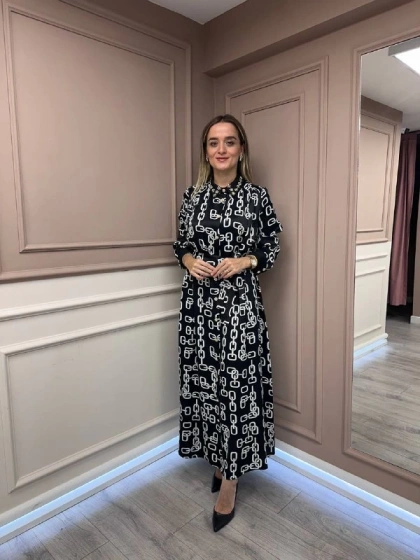 Ghisa 26KGSELB4925 Siyah Zincir Desenli Elbise