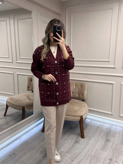 Ghisa 26KGSHRK3301 Bordo Taş Detaylı Hırka