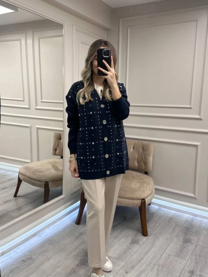 Ghisa 26KGSHRK3301 Lacivert Taş Detaylı Hırka