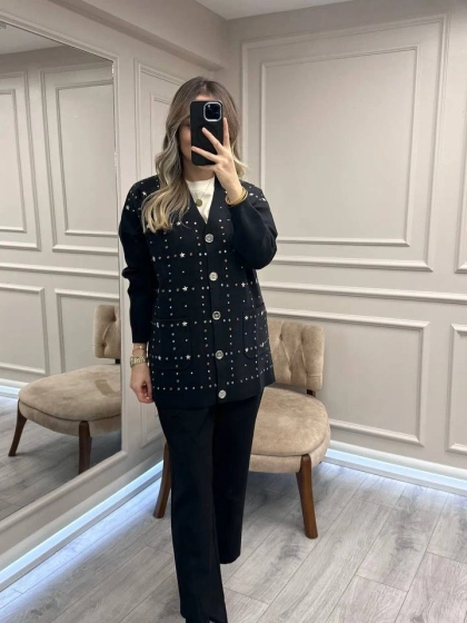 Ghisa 26KGSHRK3301 Siyah Taş Detaylı Hırka