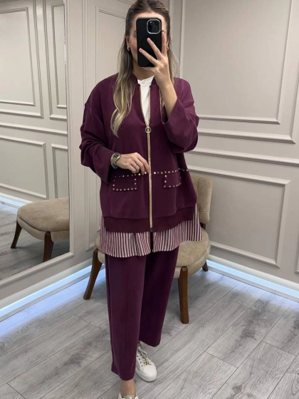 Ghisa 26KGSTKM4066 Mürdüm Gömlek Detaylı Takım