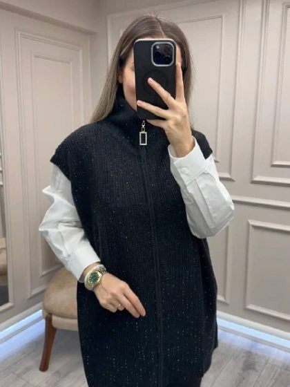 Ghisa 26KGSYLK3302 Siyah Yakası Fermuarlı Yelek
