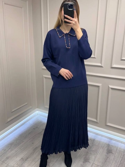 Ghisa 26KOBTNK4144 Lacivert Yakası Taşlı Tunik