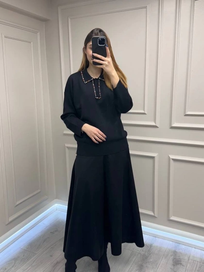 Ghisa 26KOBTNK4144 Siyah Yakası Taşlı Tunik