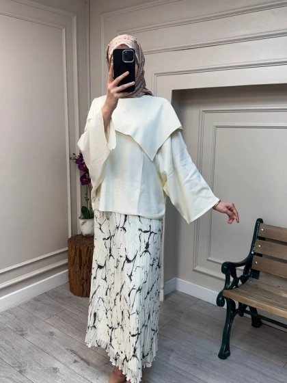 Ghisa 26KOBTNK4194 Ekru Asimetrik Geniş Yaka Tunik