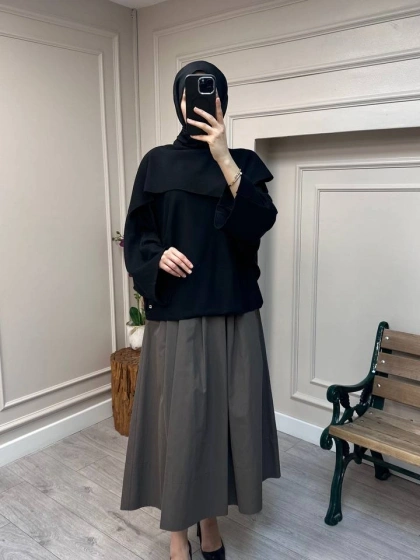 Ghisa 26KOBTNK4194 Siyah Asimetrik Geniş Yaka Tunik