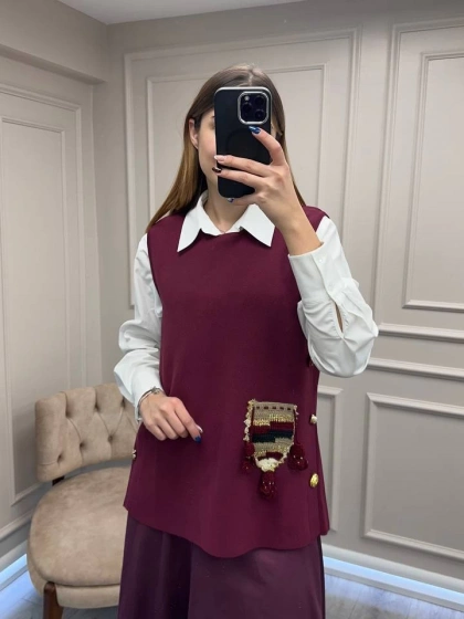 Ghisa 26KOBYLK3291 Mürdüm Nakış Detaylı Yelek