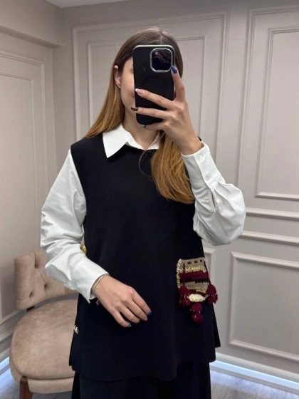 Ghisa 26KOBYLK3291 Siyah Nakış Detaylı Yelek