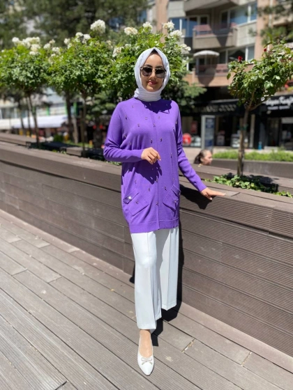 Ghisa 4YOBTNK4227 Mor Damla Taş Detaylı Tunik