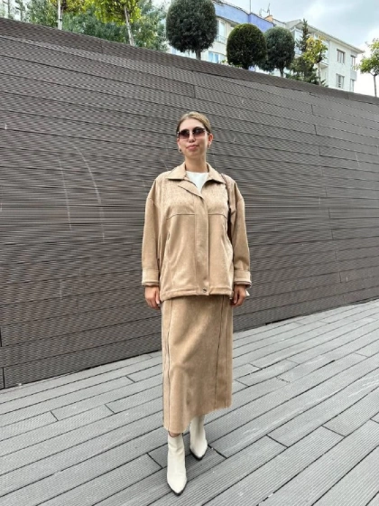 Ghisa 5KGSTKM3905 Camel Süet Etekli Takım