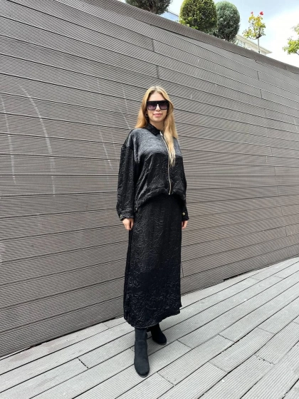 Ghisa 5KGSTKM3937 Siyah Akıcı Kırışık Kumaş Etekli Takım