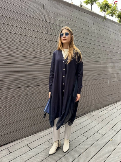 Ghisa 5KOBHRK3669 Lacivert Şifon Kumaş Detaylı Uzun Hırka