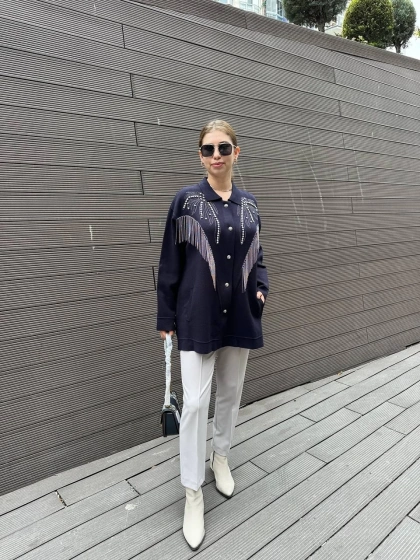 Ghisa 5KOBHRK3899 Lacivert Taş Detaylı Triko Hırka