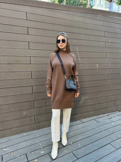Ghisa 5KOBTNK4391 Kahve Yakası Taşlı Triko Tunik