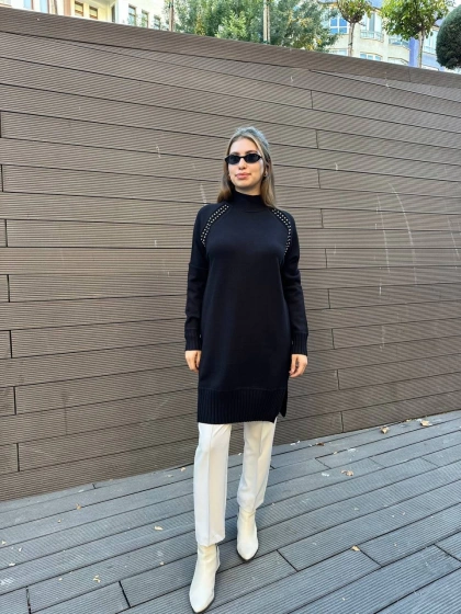 Ghisa 5KOBTNK4391 Siyah Yakası Taşlı Triko Tunik