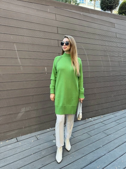 Ghisa 5KOBTNK4391 Yeşil Yakası Taşlı Triko Tunik