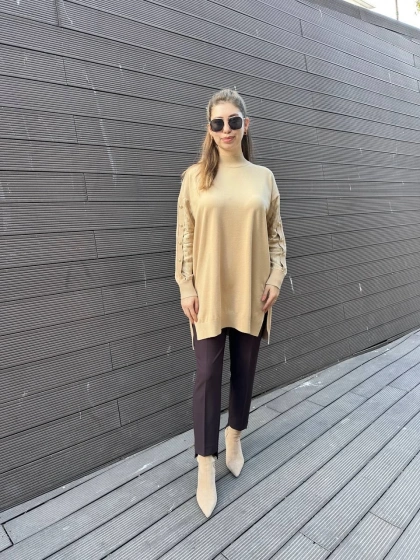 Ghisa 5KOBTNK4803 Camel Kol Detaylı Triko Tunik
