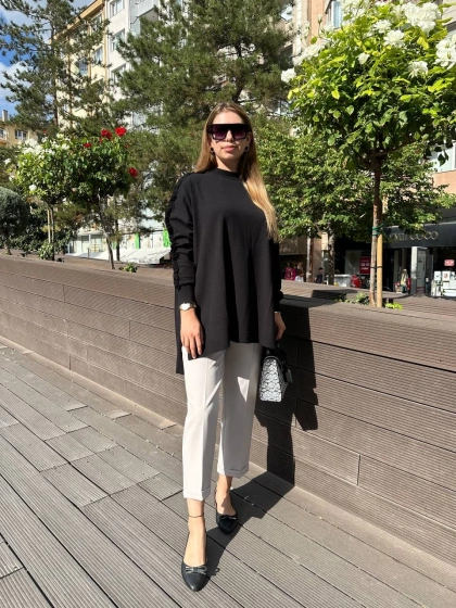 Ghisa 5KPİTNK4593 Siyah Kolu Fırfırlı Triko Tunik