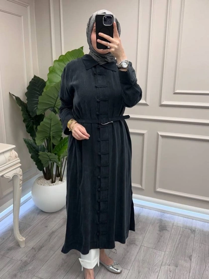 Hilay HLY0126K104.006 Siyah Emosh Brithli Düğmeli Uzun Tunik