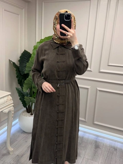 Hilay HLY0126K104.006 Kahve Emosh Brithli Düğmeli Uzun Tunik