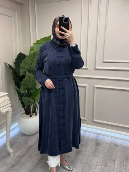 Hilay HLY0126K104.006 Lacivert Emosh Brithli Düğmeli Uzun Tunik