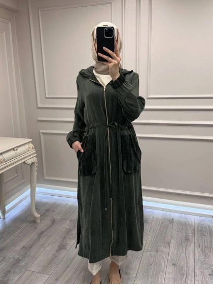 Hilay HLY0126K112.002 Haki Nevada Jakar Garnili Uzun Kap