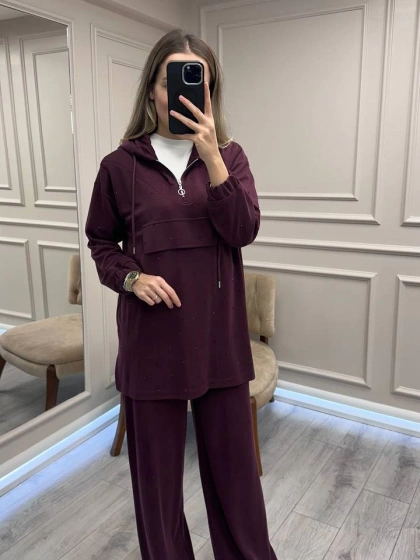 HNS HNS1111 Bordo Pul Detaylı İkili Takım