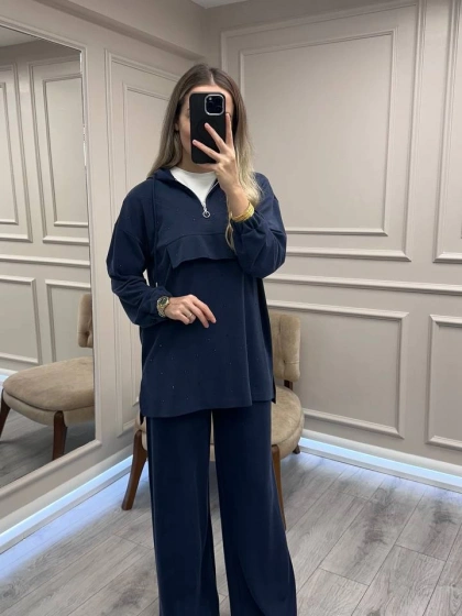 HNS HNS1111 Lacivert Pul Detaylı İkili Takım