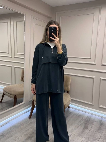 HNS HNS1111 Siyah Pul Detaylı İkili Takım